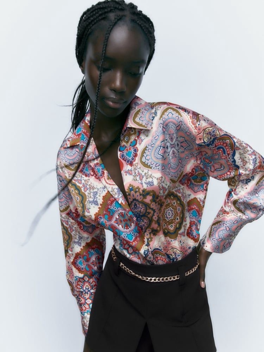 ZARA Paisley Satin Button-Up Patchwork Patterned Blouse LARGE